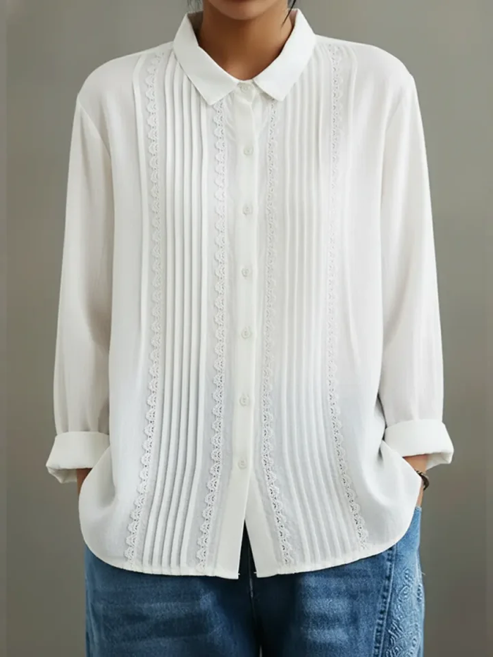 Claire | Women's Lace Trim Button-Up Long Sleeve Blouse