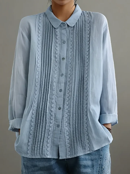 Claire | Women's Lace Trim Button-Up Long Sleeve Blouse