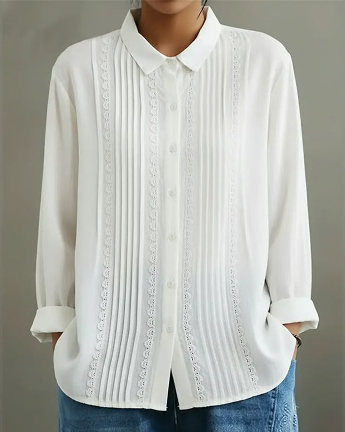 Claire | Women's Lace Trim Button-Up Long Sleeve Blouse