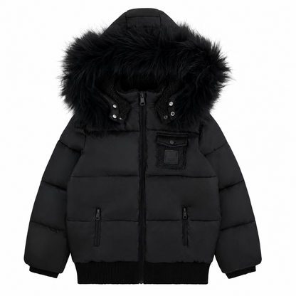coat padded sherpa lining with fur hood - black