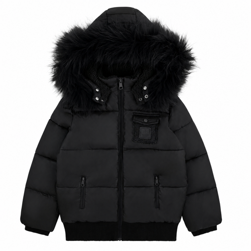 coat padded sherpa lining with fur hood - black