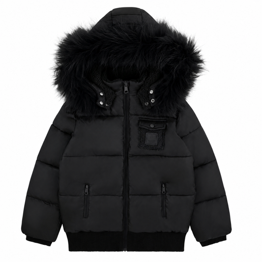 coat padded sherpa lining with fur hood - black