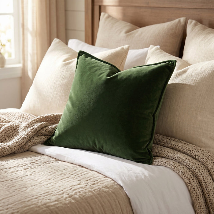 Cotton velvet pillow in green, lifestyle room setting on sofa
