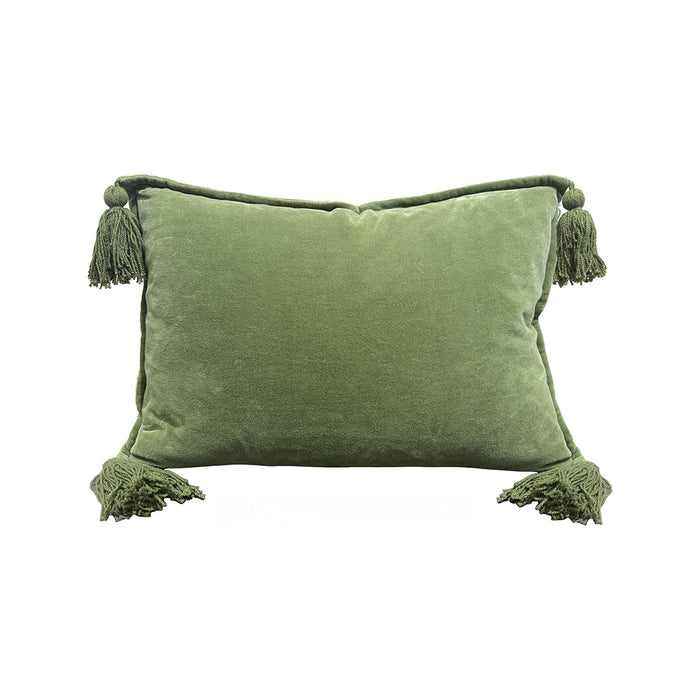 Cotton velvet lumbar pillow in green, front view