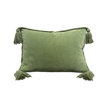 Cotton velvet lumbar pillow in green, front view