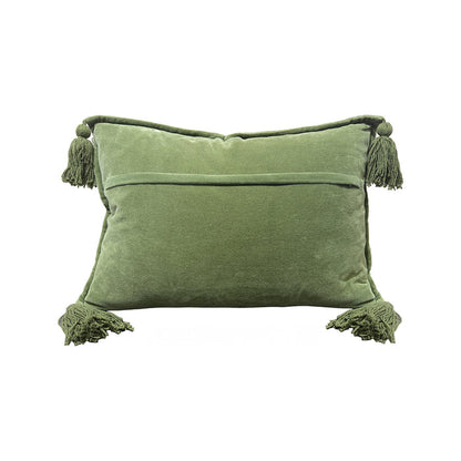 Cotton velvet lumbar pillow in green, alternate front view