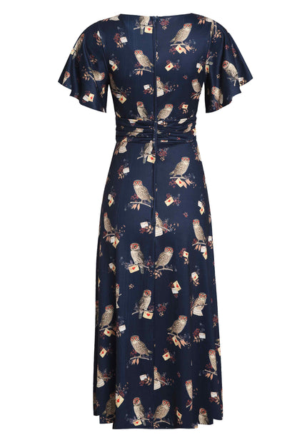 Donna Crossover Bust Oxford Blue Owls and Letters Dress