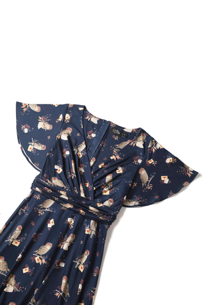 Donna Crossover Bust Oxford Blue Owls and Letters Dress