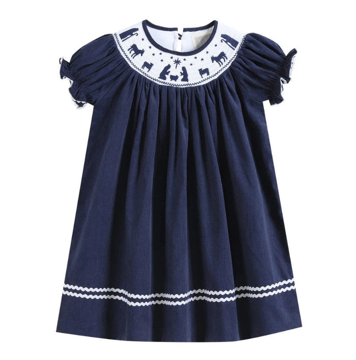 Dark Blue Corduroy Nativity Smocked Dress - Premium Baby & Toddler Dresses from Lil Cactus - Just $32.95! Shop now at Pat's Monograms