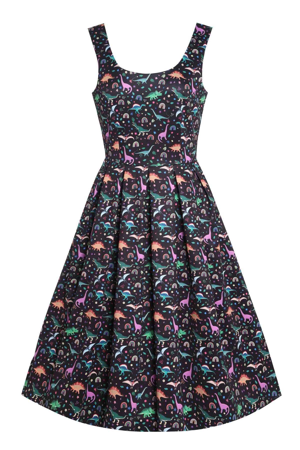 Amanda Black Flared Dress in Dinosaur & Rainbow Print