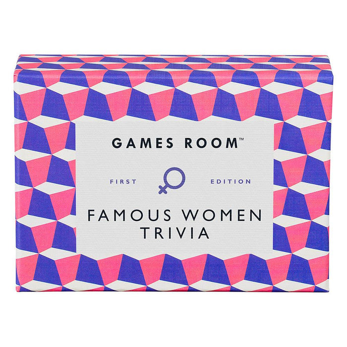 A box of Ridley's Games Room Famous Women Trivia with a geometric pattern in pink and blue colors.