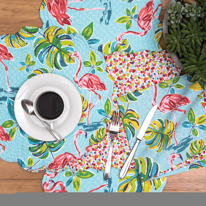 Flamingo Garden Table Linens table linens displayed as a coordinated tabletop setting.