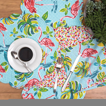 Flamingo Garden Table Linens table linens displayed as a coordinated tabletop setting.