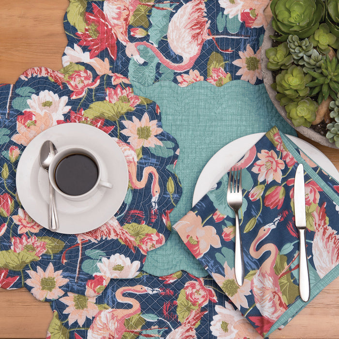 Flamingo Lagoon Table Linens table linens displayed as a coordinated tabletop setting.