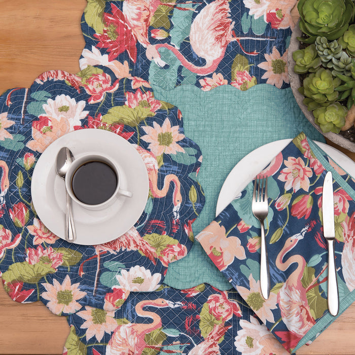 Flamingo Lagoon Table Linens table linens displayed as a coordinated tabletop setting.