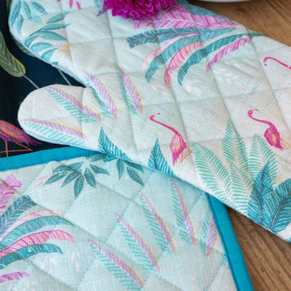 A flamingo palms oven mitt & potholder set.