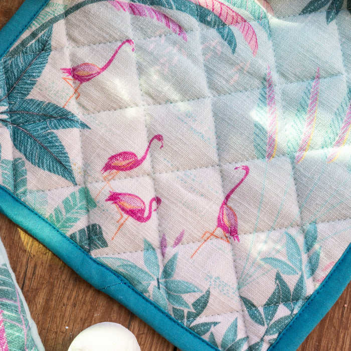 A flamingo palms oven mitt & potholder set.