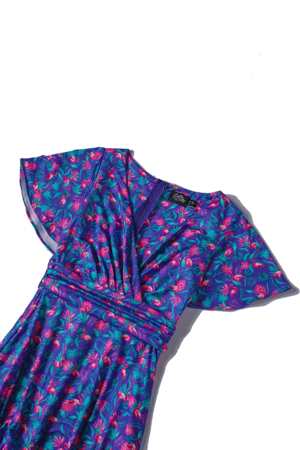 Donna Purple Flamingo Crossover Bust Tea Dress