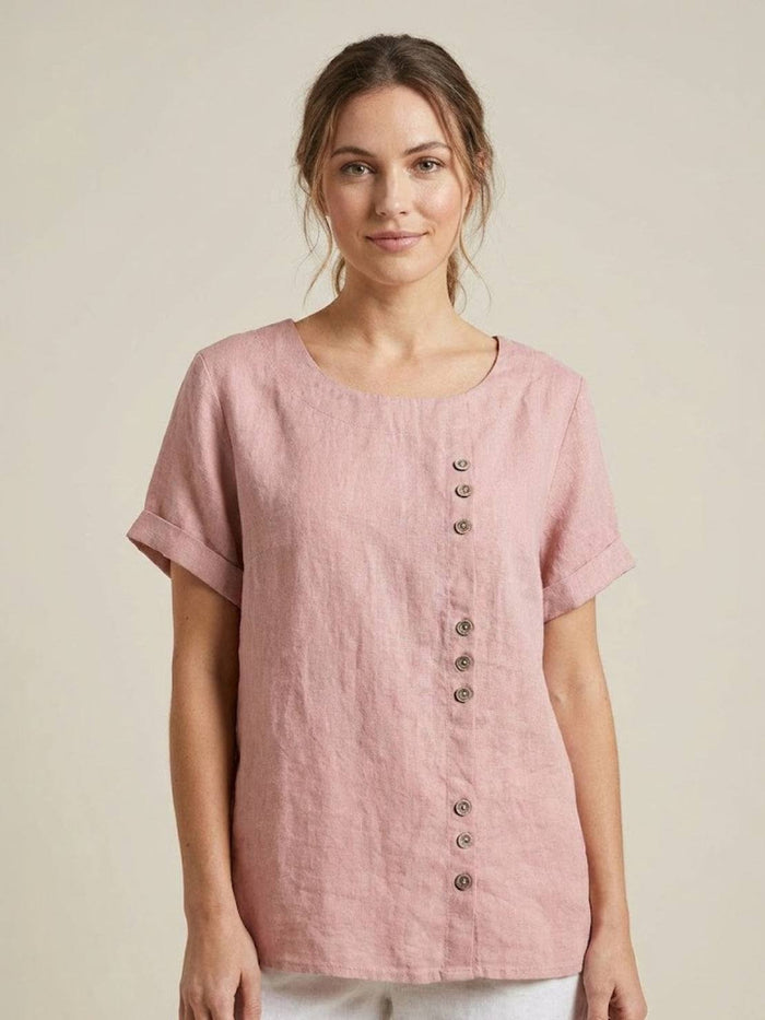 Foreen | Women's Casual Scoop Neck Button Detail Short Sleeve Top