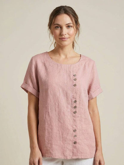 Foreen | Women's Casual Scoop Neck Button Detail Short Sleeve Top