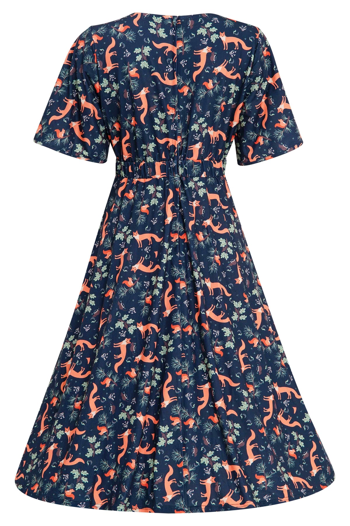 Janice Petal Sleeve Tea Dress in Navy Blue Fox Print