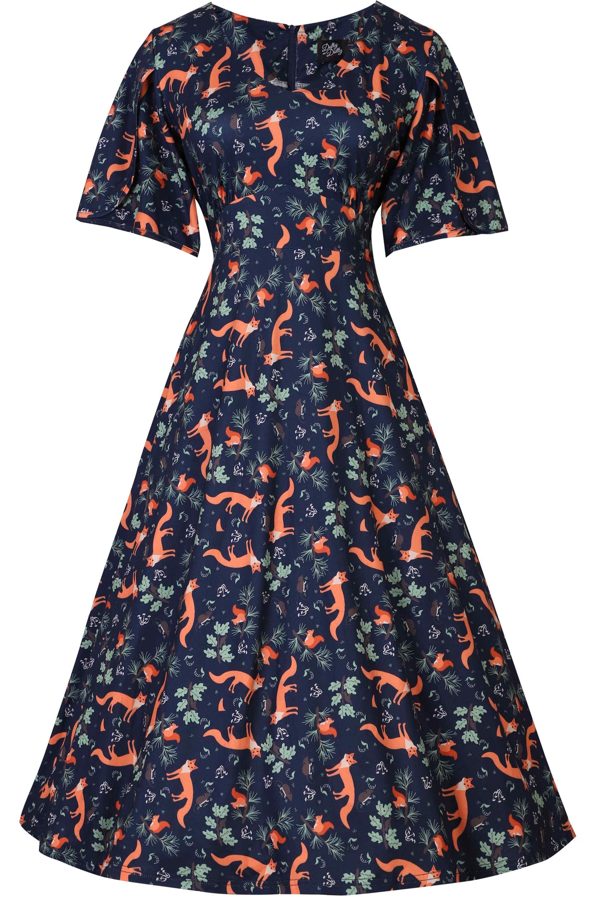 Janice Petal Sleeve Tea Dress in Navy Blue Fox Print