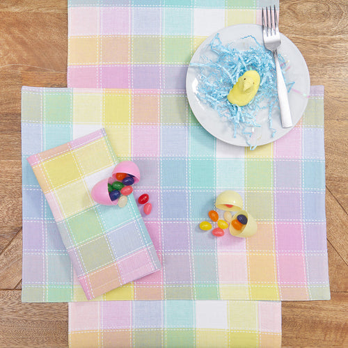 Hana Color Block Plaid Table Linens table linens displayed as a coordinated tabletop setting.