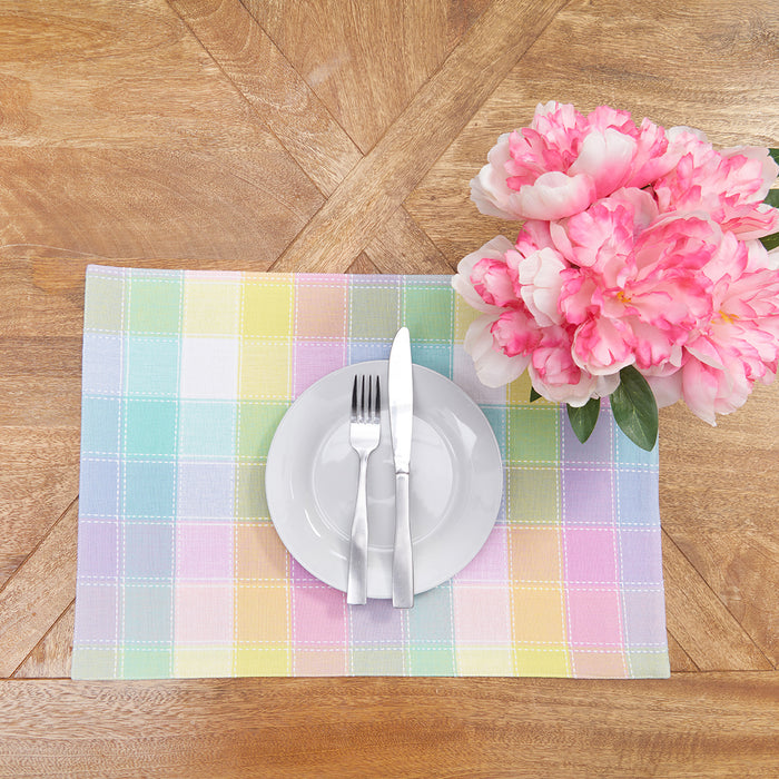 Hana Color Block Plaid Table Linens table linens displayed as a coordinated tabletop setting.
