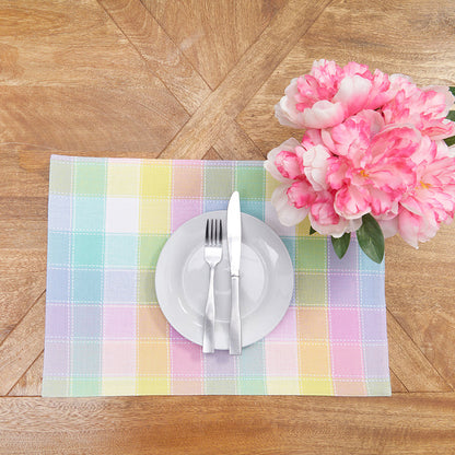 Hana Color Block Plaid Table Linens table linens displayed as a coordinated tabletop setting.