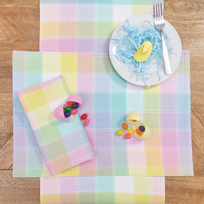 Hana Color Block Plaid Table Linens table linens displayed as a coordinated tabletop setting.