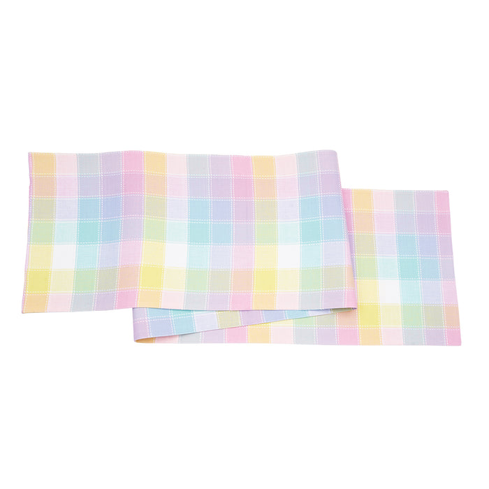 Hana Color Block Plaid Table Linens table linens displayed as a coordinated tabletop setting.