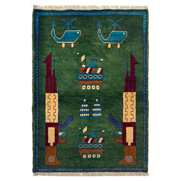War Area Rug Handmade Green Riffle + Tank + Helicopter +