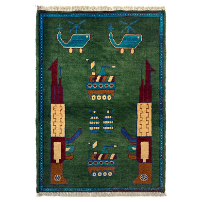 War Area Rug Handmade Green Riffle + Tank + Helicopter +