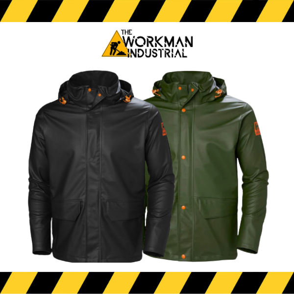 Helly Hansen Gale waterproof rain jacket with flexible knit fabric in black and olive green.