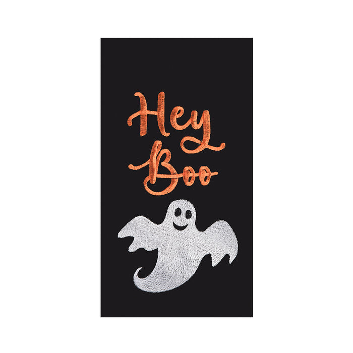 A Hey Boo Embroidered Canvas Kitchen Towel.