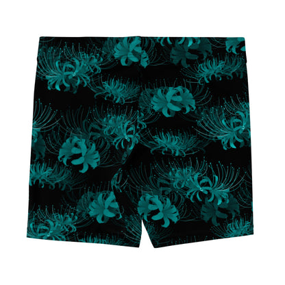 Higanbana gothic shorts in black with red, blue and teal spider lily blooms