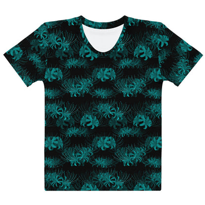 Higanbana gothic tee in black with red, blue and teal spider lilies
