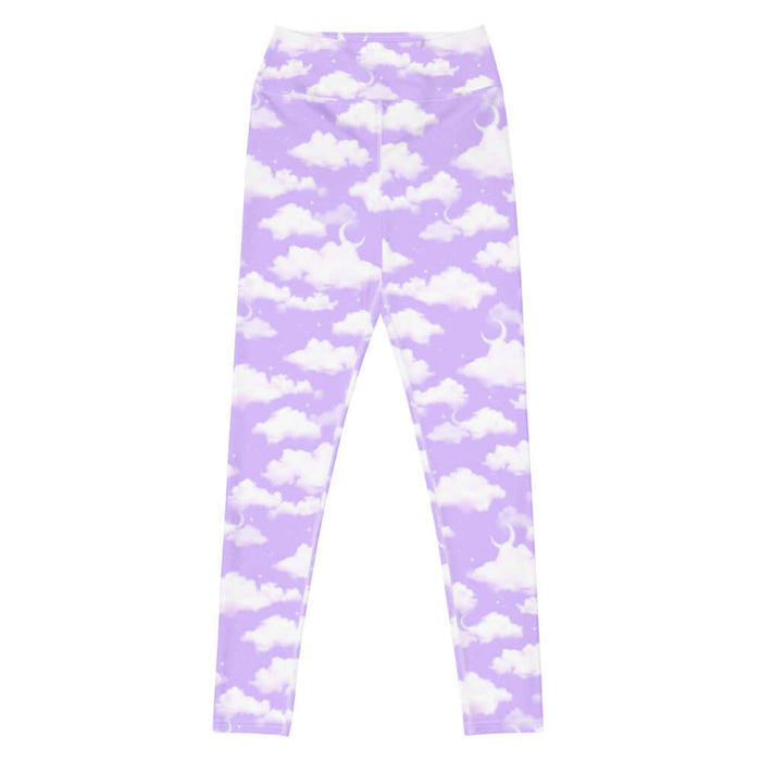 Cloudy Sky kawaii high-waisted leggings with white clouds and tiny stars on a pastel sky