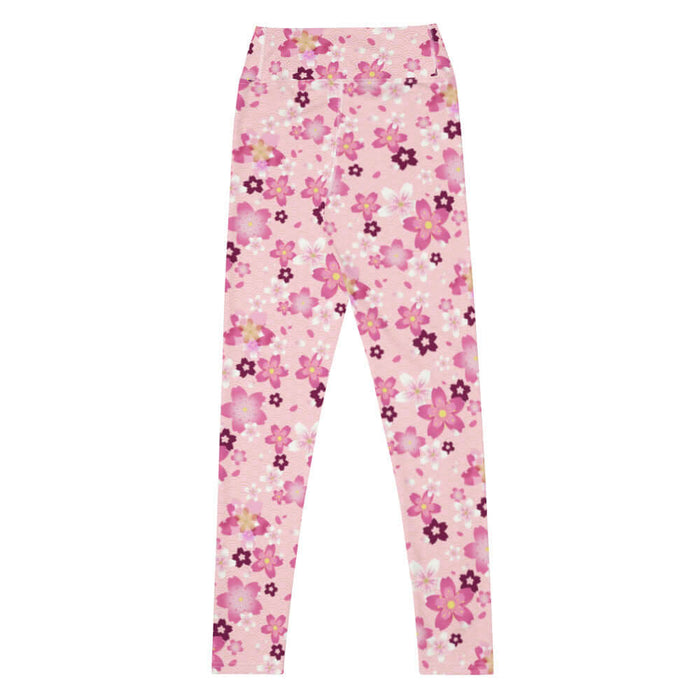 Sakura kawaii high-waisted leggings in pink with wine-dark blossoms and pale blossom clusters