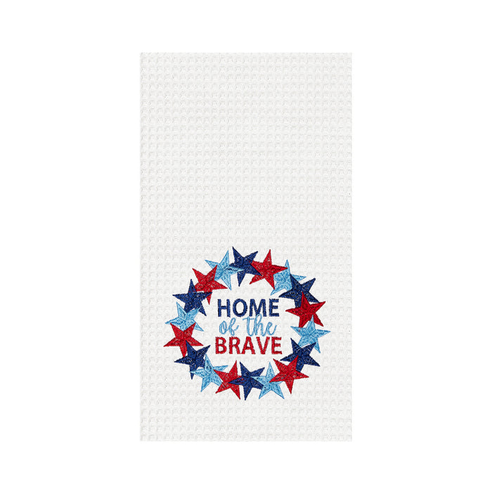 A Home of The Brave Wreath Waffle Weave Kitchen Towel.