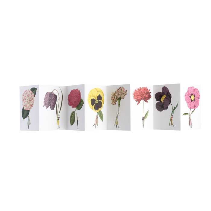 The In Bloom Laura Stoddart Postcards, connected horizontally with perforated edges so they stand in a zig-zag, showing eight unique illustrations.