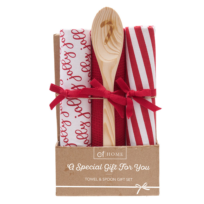 A Jolly Candy Cane Kitchen Towel & Spoon Set.