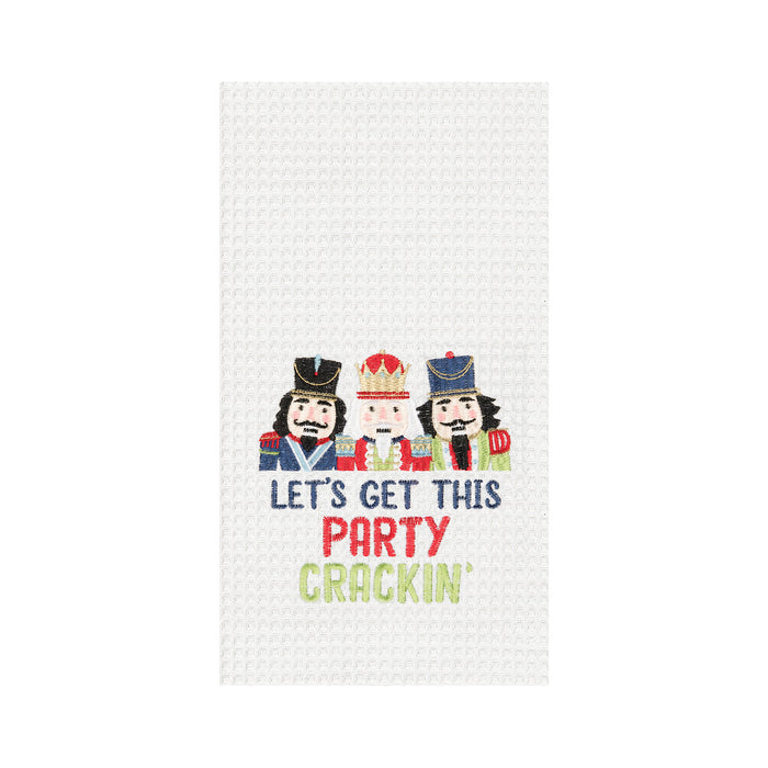 A Let's Get Party Crackin Waffle Weave Kitchen Towel.