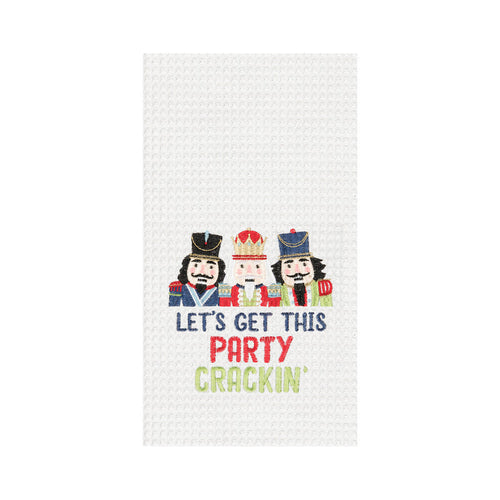 A Let's Get Party Crackin Waffle Weave Kitchen Towel.