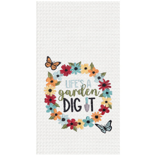 A Life's A Garden Waffle Weave Kitchen Towel.