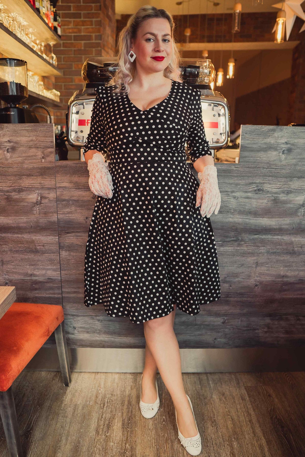 Katherine Long Sleeve 50s Style Swing Dress in Black Polka