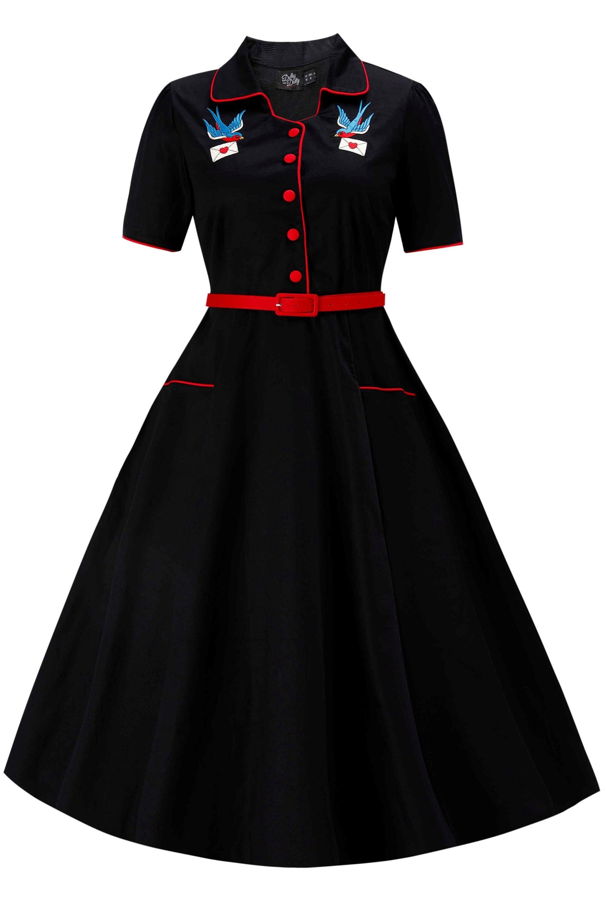 Mabel Rockabilly Midi Shirt Dress With Swallow Embroidery