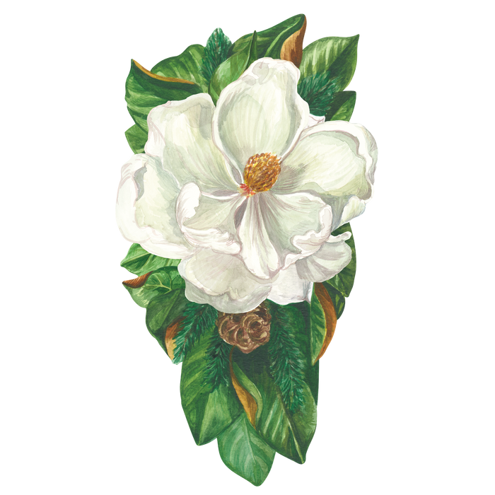A die-cut illustration of a large white magnolia bloom surrounded by green and brown leaves.