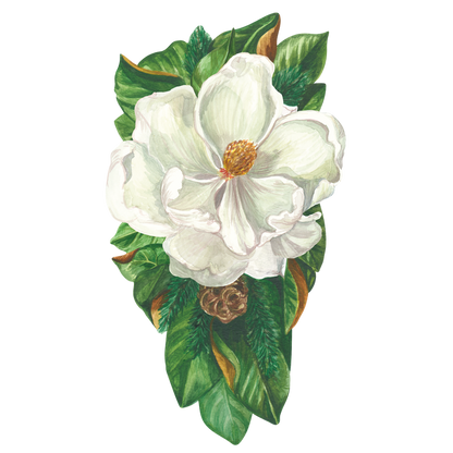 A die-cut illustration of a large white magnolia bloom surrounded by green and brown leaves.
