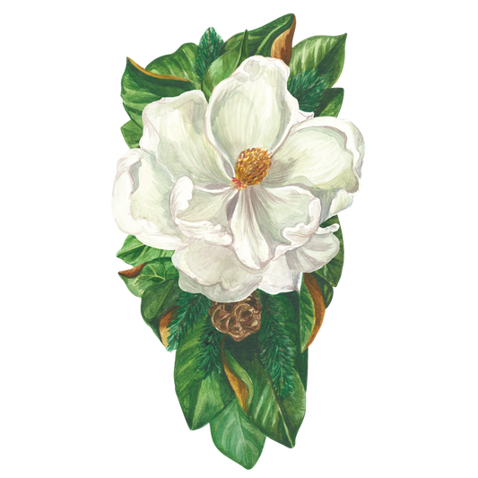 A die-cut illustration of a large white magnolia bloom surrounded by green and brown leaves.